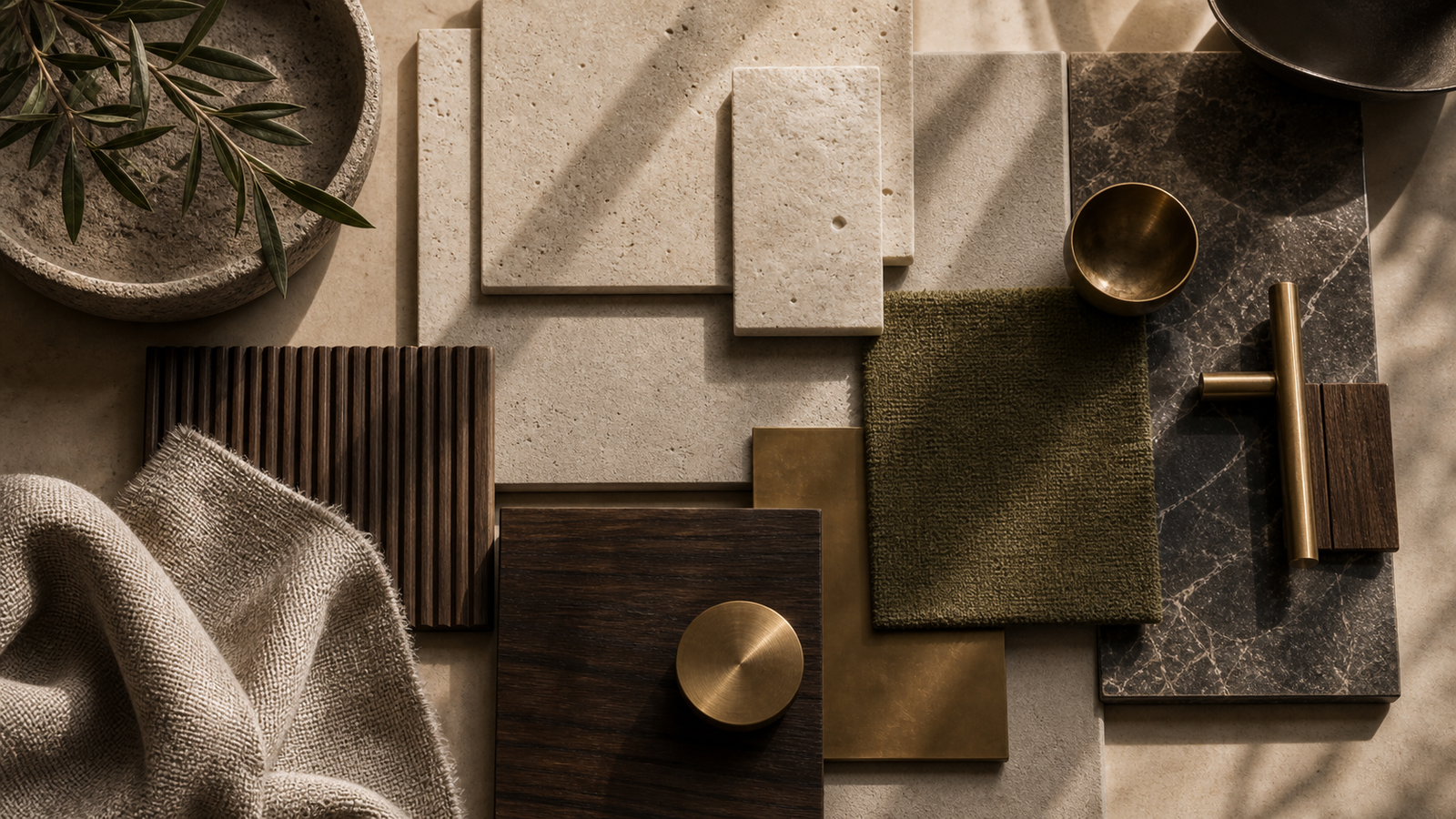 Materialboard mit Naturstein, Holz, Messing und Textil in warmen Farbtönen